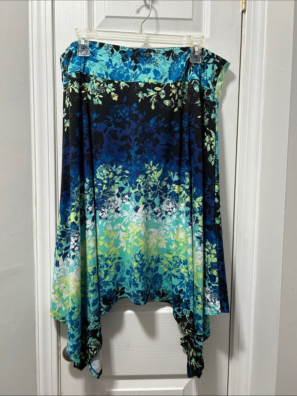 Robert Louis Teal, Navy & Aqua Floral Asymmetrical Handkerchief Skirt